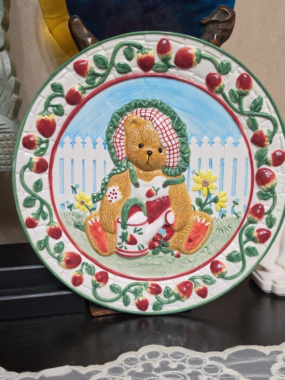 Cherished Teddies Strawberry Bear Ceramic Plate - White, Red & Green
